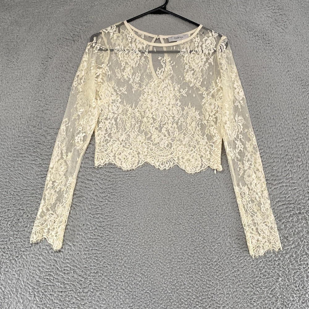 Maniju‎ Lace Crop Top Womens XS White Sheer Floral Layering Y2K Coquette Dainty